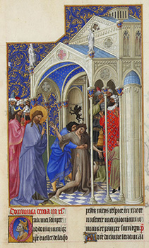 Healing of a boy with epilepsy, Très Riches Heures du Duc de Berry, 15th century.