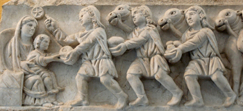 Magi bearing gifts, 4th-century sarcophagus, Rome.