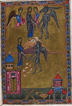 The Temptations of Christ, Melisende Psalter, Jerusalem, 1131-1143